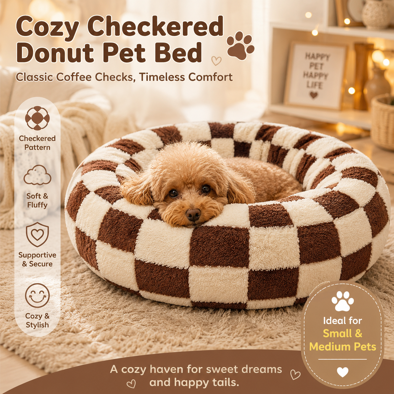Small Medium Pet Donut Bed (Coffee plaid) -50cm outer diameter