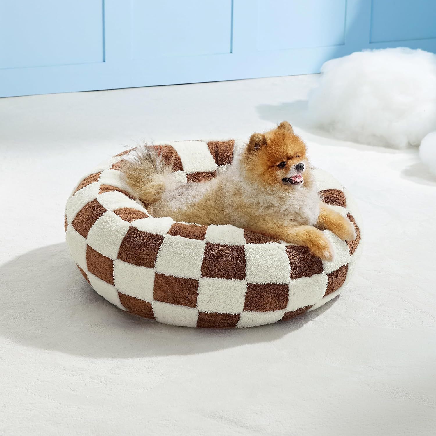 Small Medium Pet Donut Bed (Coffee plaid)-60cm outer diameter view 4