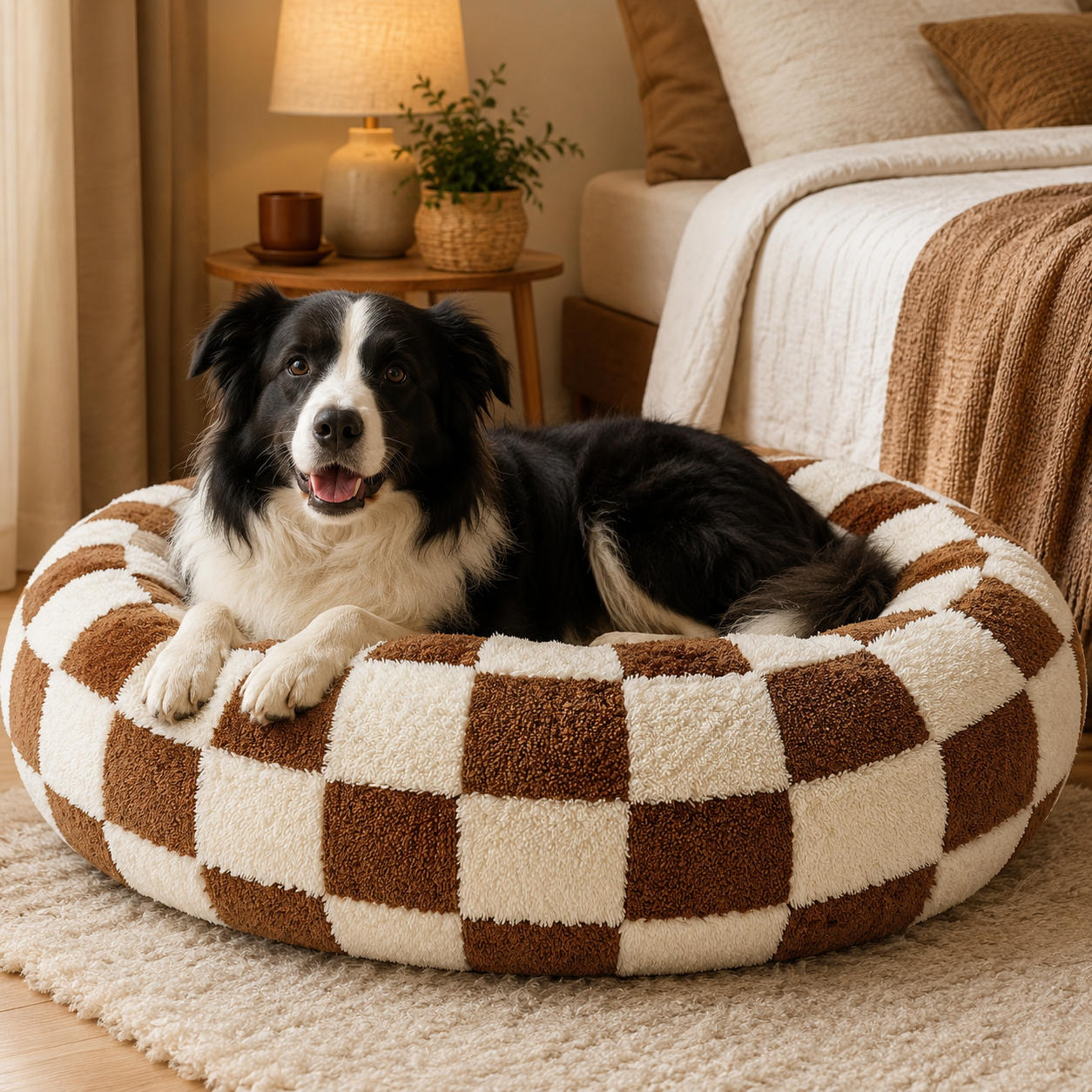 Small Medium Pet Donut Bed (Coffee plaid)-60cm outer diameter view 5