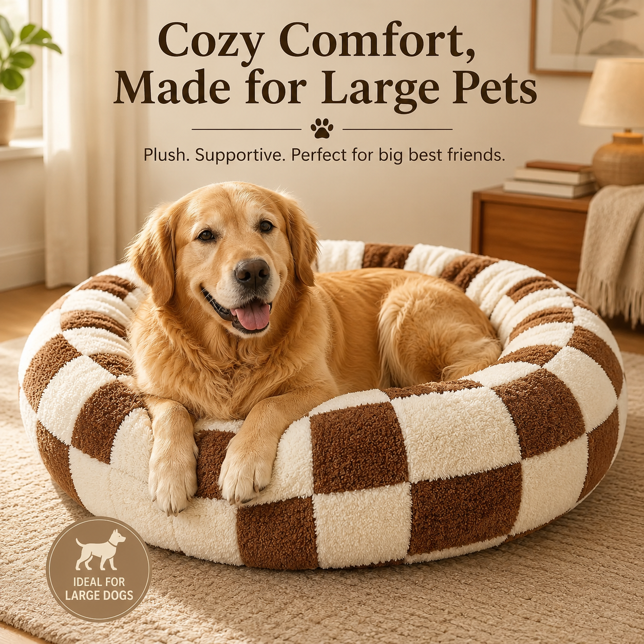Medium Large Pet Donut Bed (Coffee plaid)-90cm outer diameter