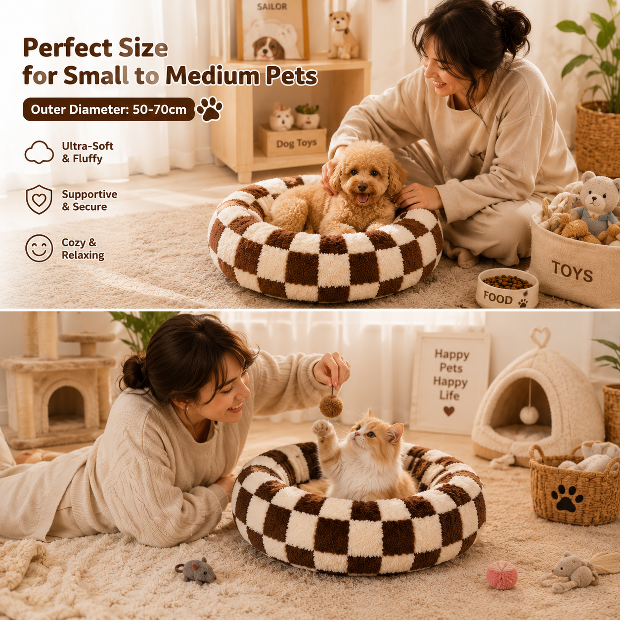 Medium Large Pet Donut Bed (Coffee plaid)-100cm outer diameter view 3