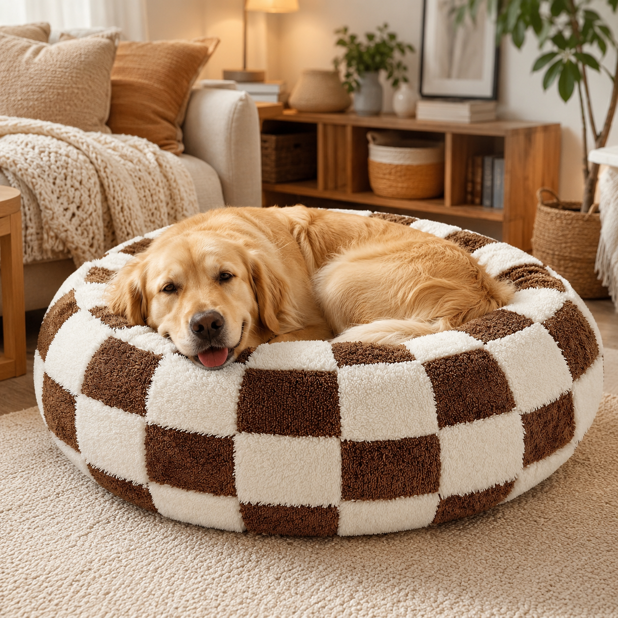 Medium Large Pet Donut Bed (Coffee plaid)-100cm outer diameter view 4