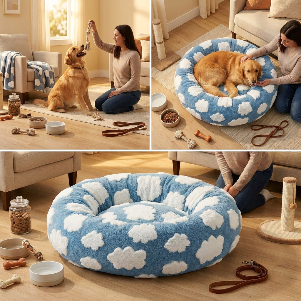 Medium Large Pet Donut Bed (Blue background with white clouds)-70cm outer diameter view 2