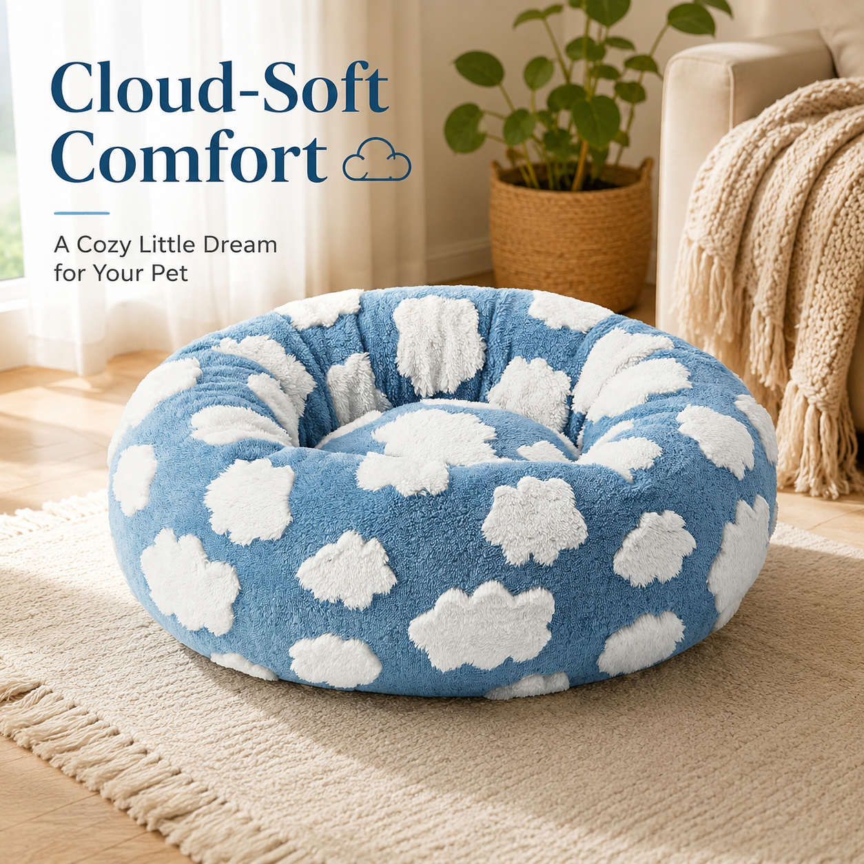 Medium Large Pet Donut Bed (Blue background with white clouds)-80cm outer diameter