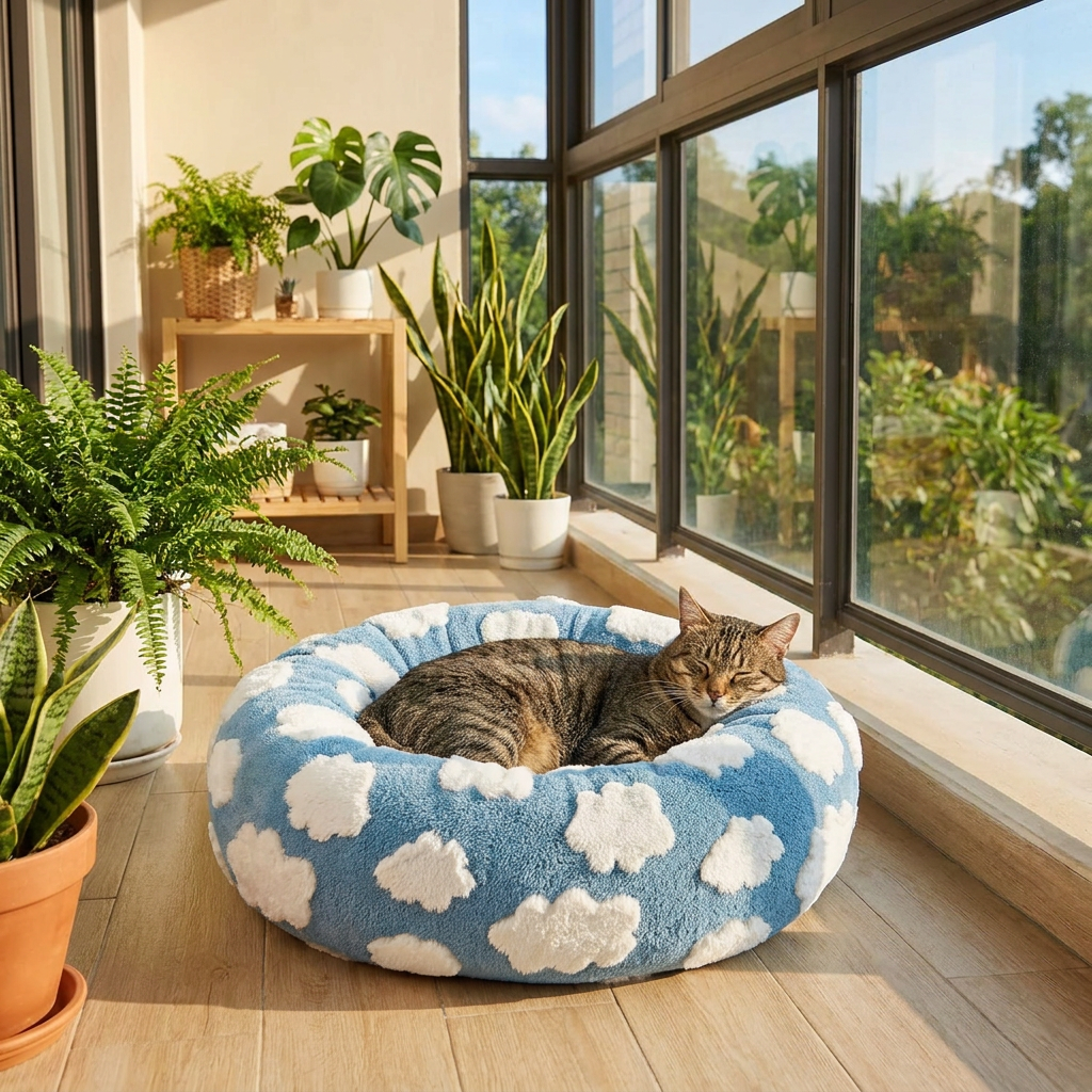Medium Large Pet Donut Bed (Blue background with white clouds)-90cm outer diameter view 3