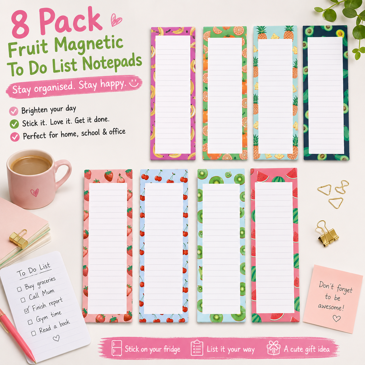 8 Pack Fruit Magnetic Notepads for Fridge(Type A)