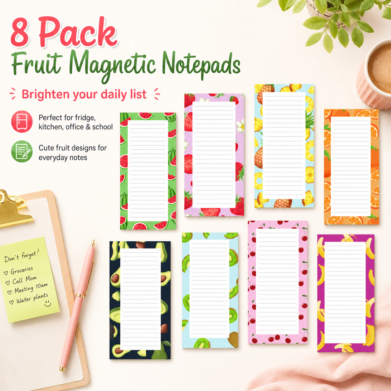8 Pack Fruit Magnetic Notepads for Fridge(Type B)
