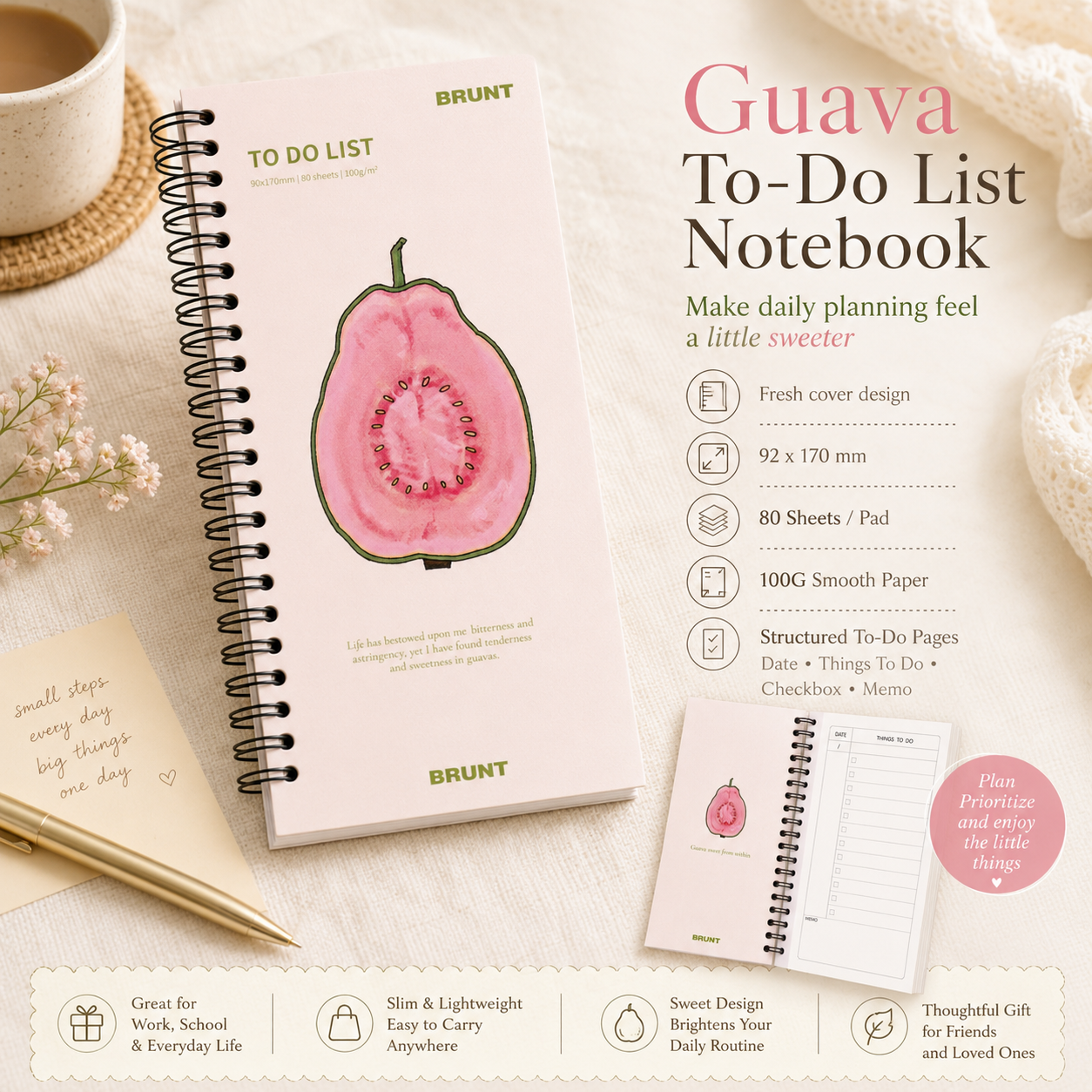 Fruit Series To Do List Notebook (Guava) – Spiral Bound Journal with Cute