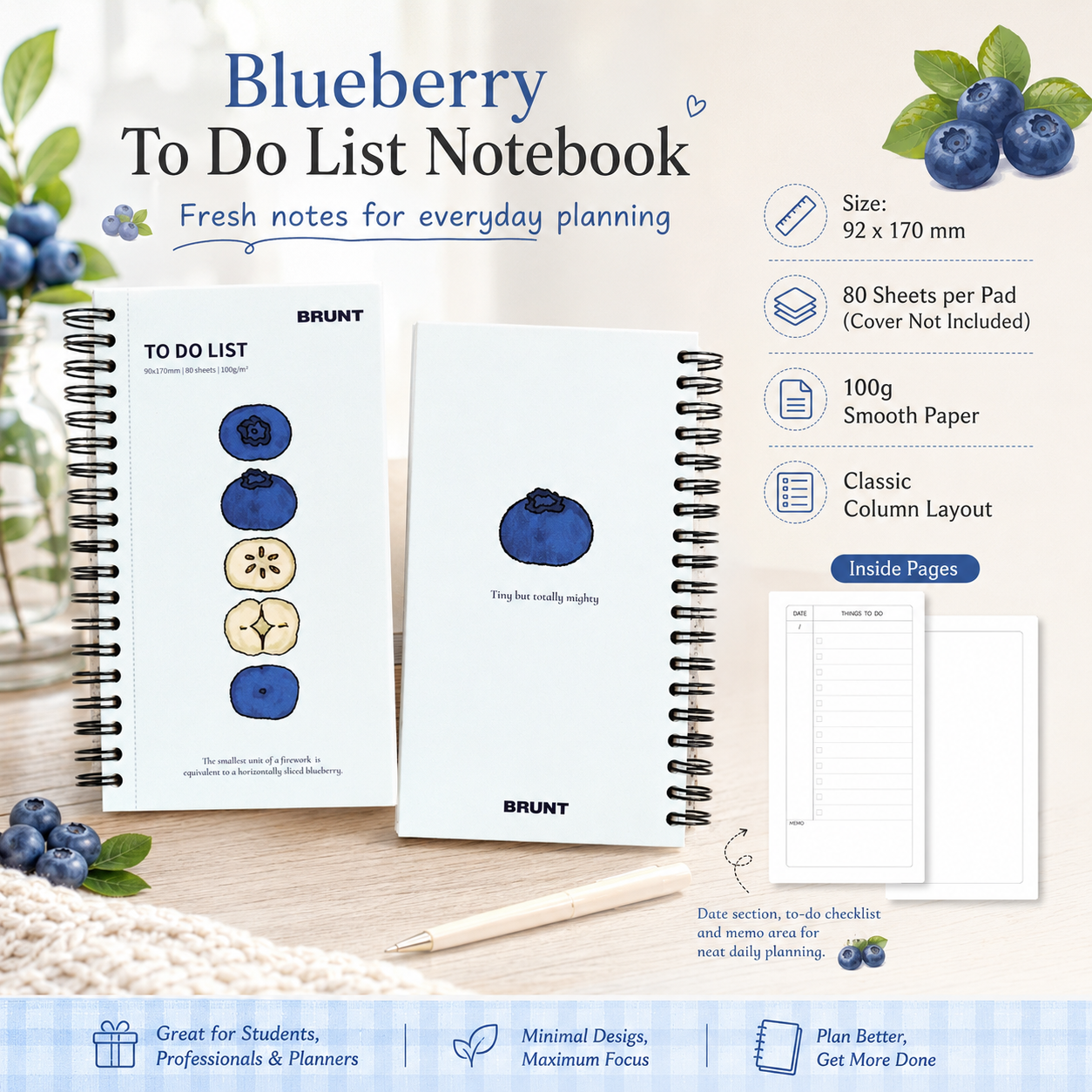 Fruit Series To Do List Notebook (Blueberry) – Spiral Bound Journal with Cute
