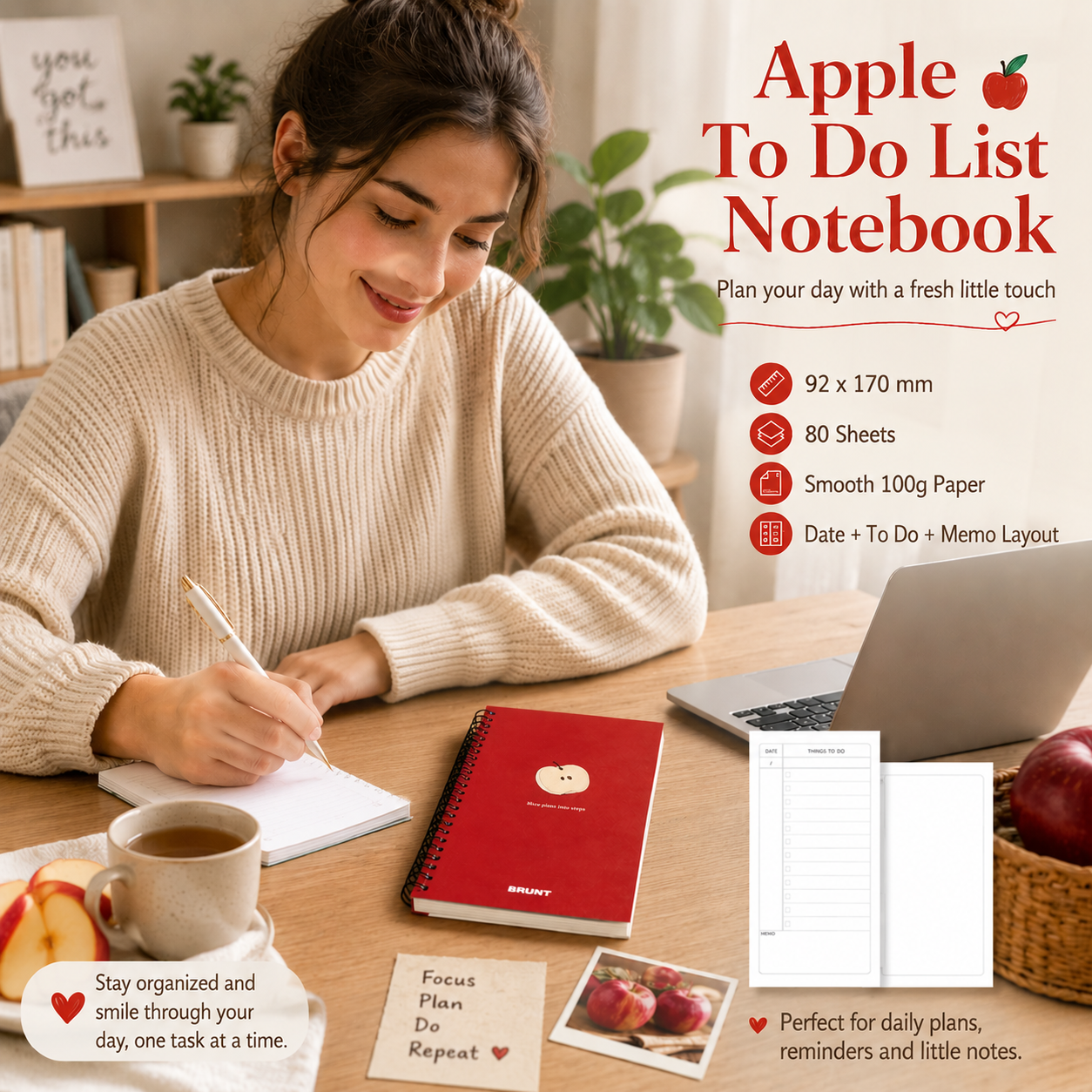 Fruit Series To Do List Notebook (Apple) – Spiral Bound Journal with Cute view 2