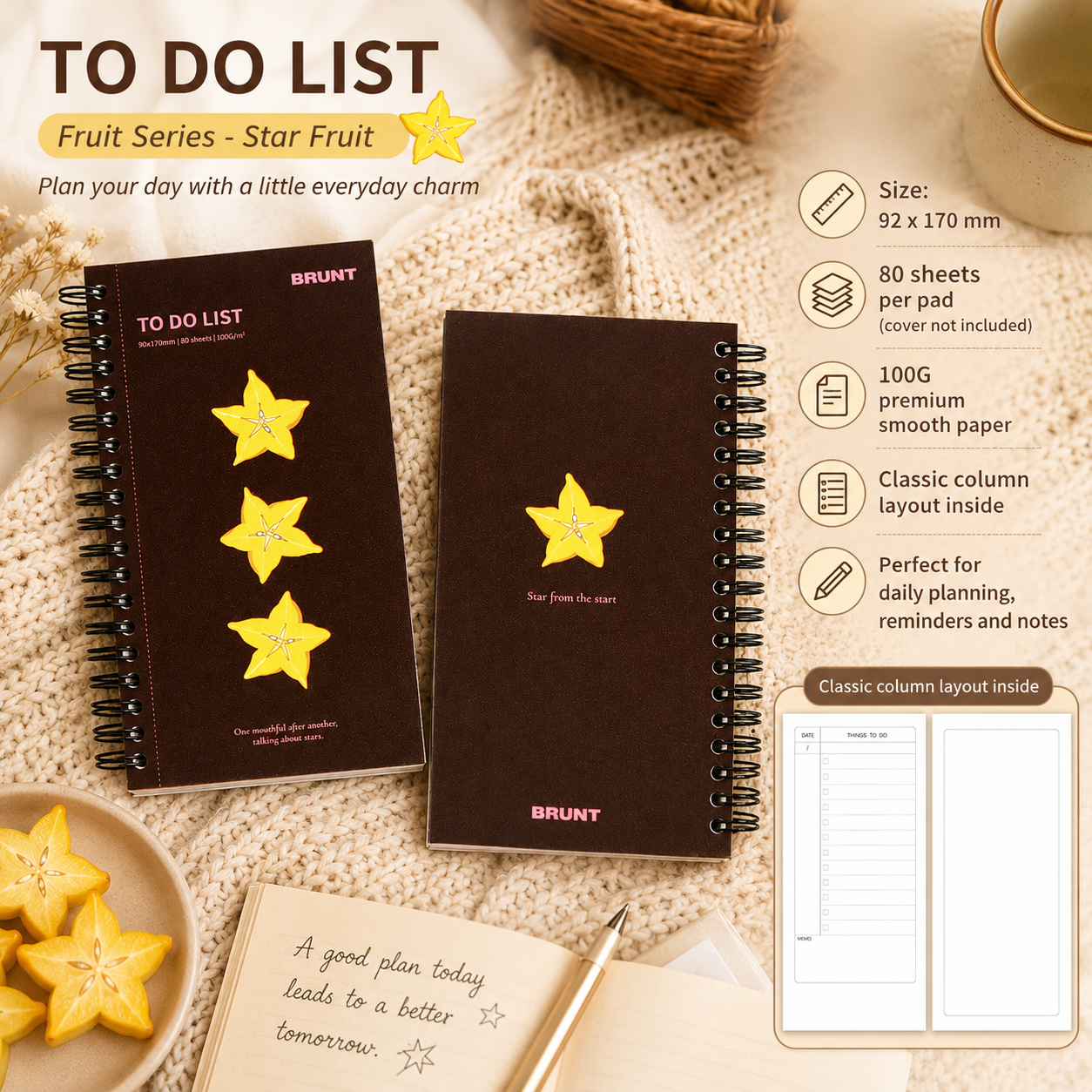 Fruit Series To Do List Notebook (Starfruit) – Spiral Bound Journal with Cute