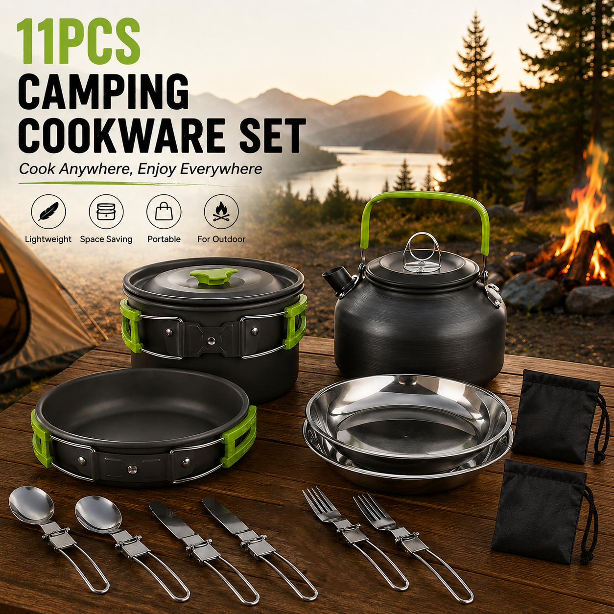 11PCS Green Camping Cookware Set – Lightweight Aluminium Camping Pots