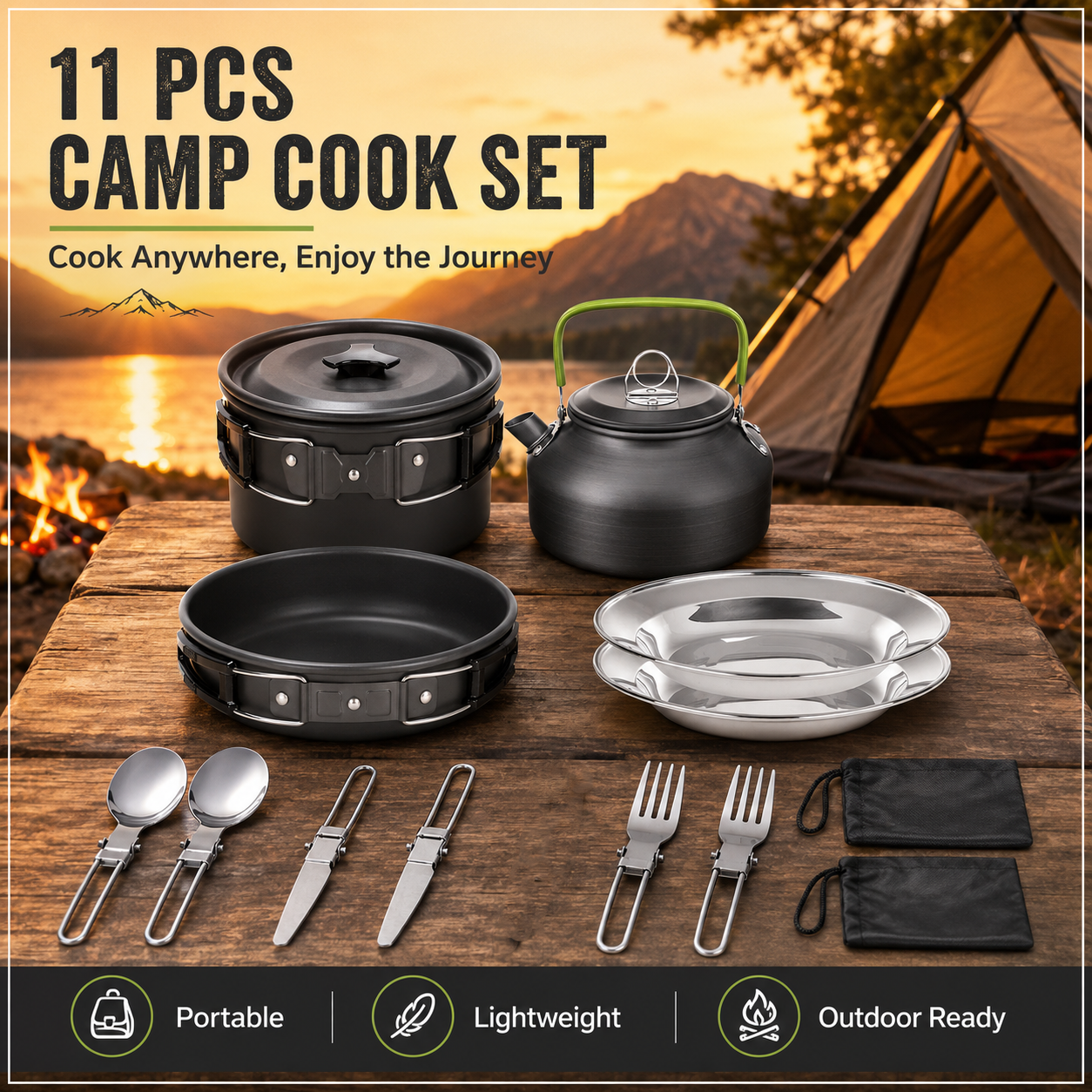 11PCS Black Camping Cookware Set – Lightweight Aluminium Camping Pots