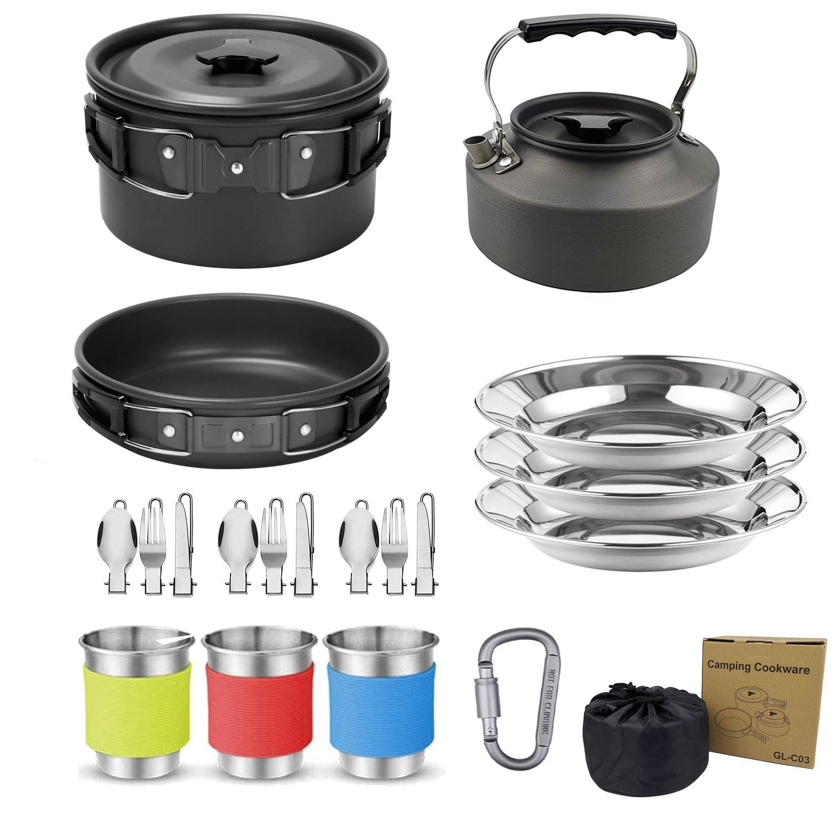 Black Camping Cookware Set for 2–3 People – Portable Outdoor Cooking Pot