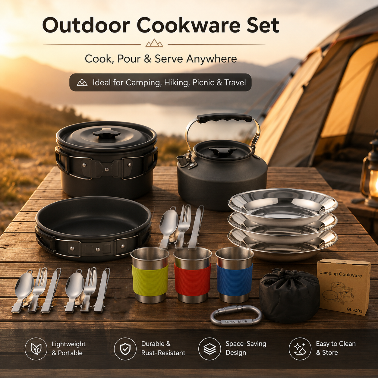 Black Camping Cookware Set for 2–3 People – Portable Outdoor Cooking Pot view 2