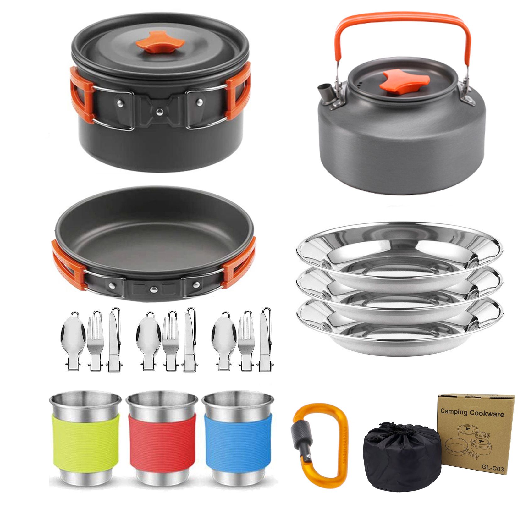 Orange Camping Cookware Set for 2–3 People – Portable Outdoor Cooking Pot