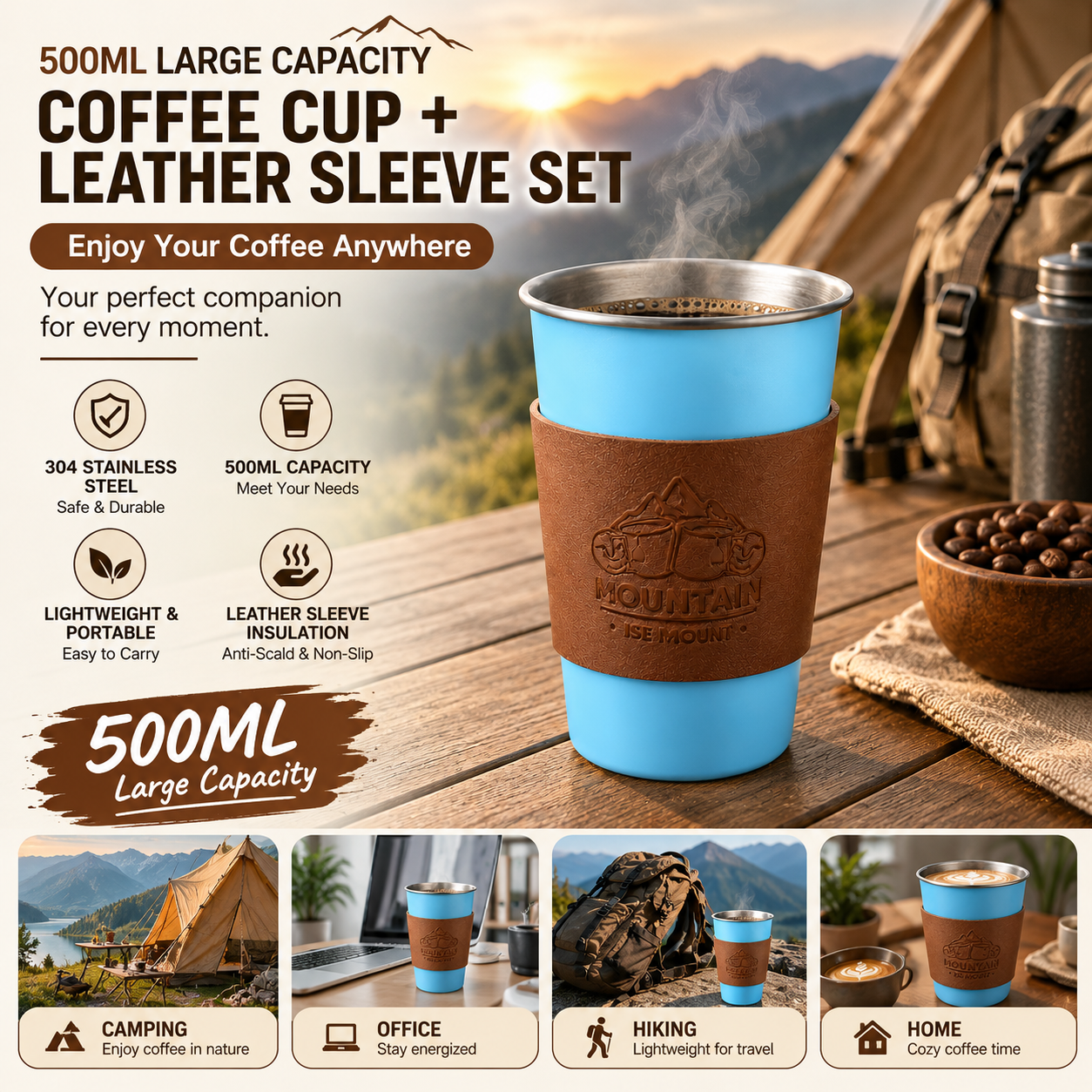 Blue 304 Stainless Steel Camping Coffee Cup with Leather Sleeve – 500ml