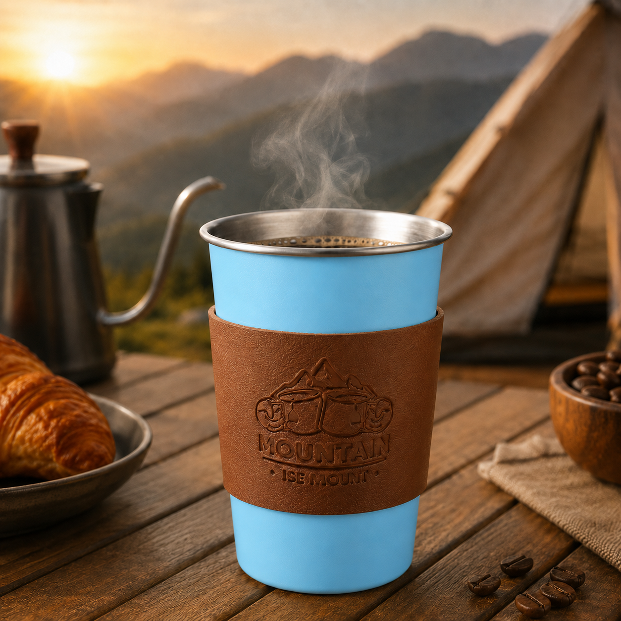 Blue 304 Stainless Steel Camping Coffee Cup with Leather Sleeve – 500ml view 2