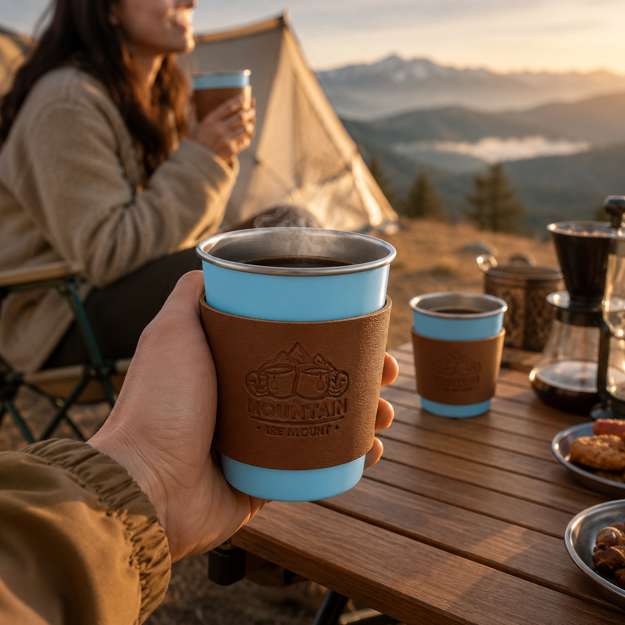 Blue 304 Stainless Steel Camping Coffee Cup with Leather Sleeve – 500ml view 3