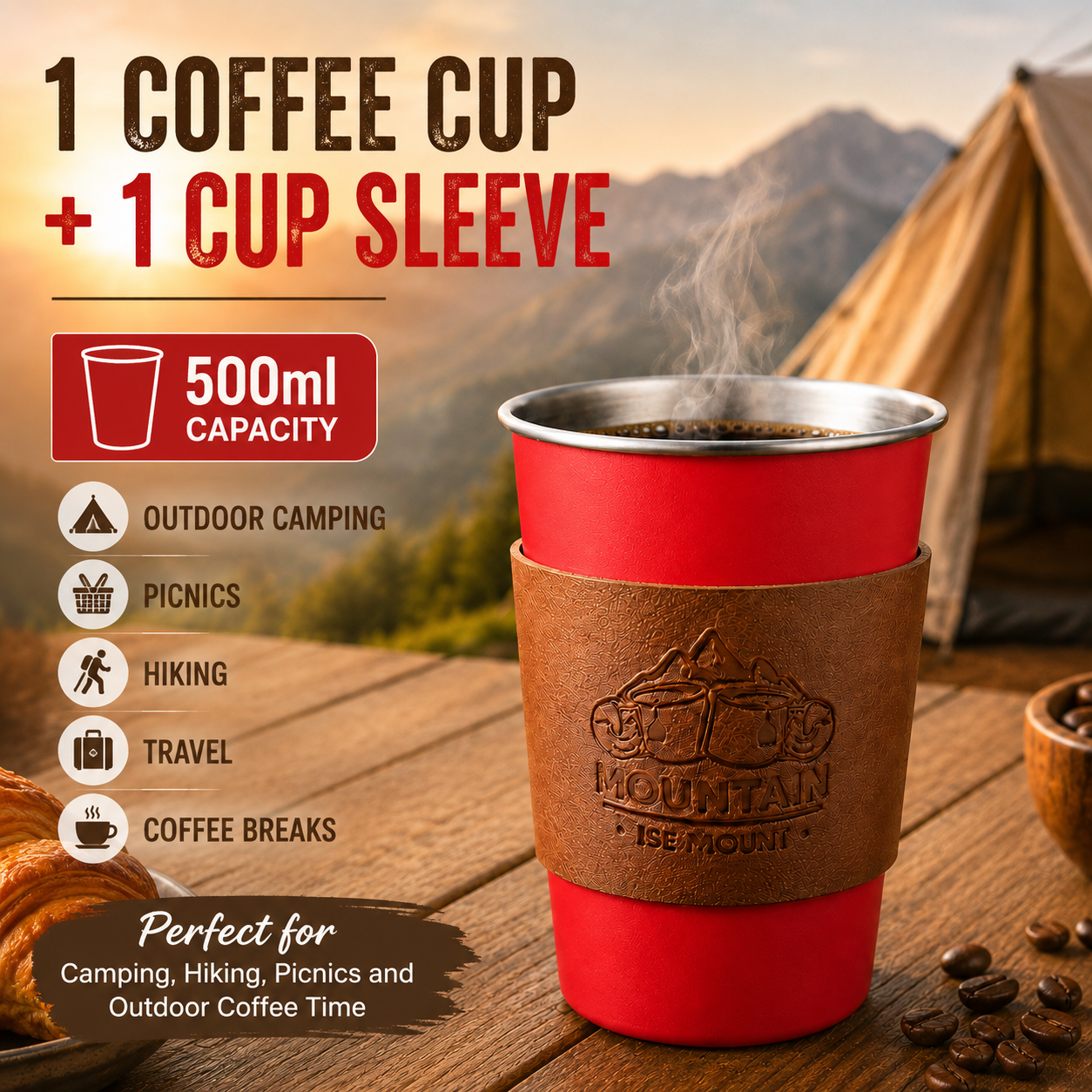 Red 304 Stainless Steel Camping Coffee Cup with Leather Sleeve – 500ml