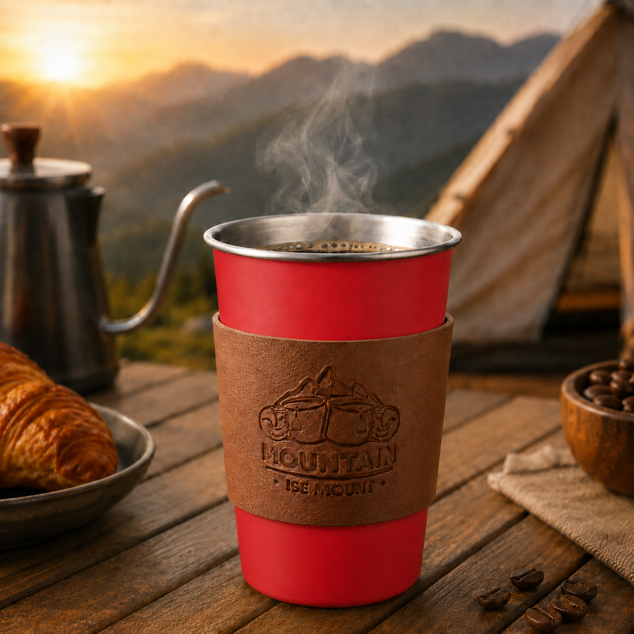 Red 304 Stainless Steel Camping Coffee Cup with Leather Sleeve – 500ml view 2