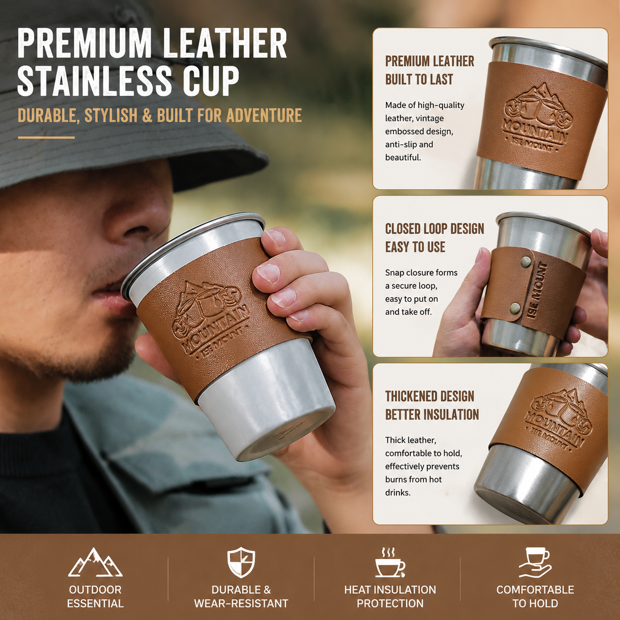 Red 304 Stainless Steel Camping Coffee Cup with Leather Sleeve – 500ml view 3