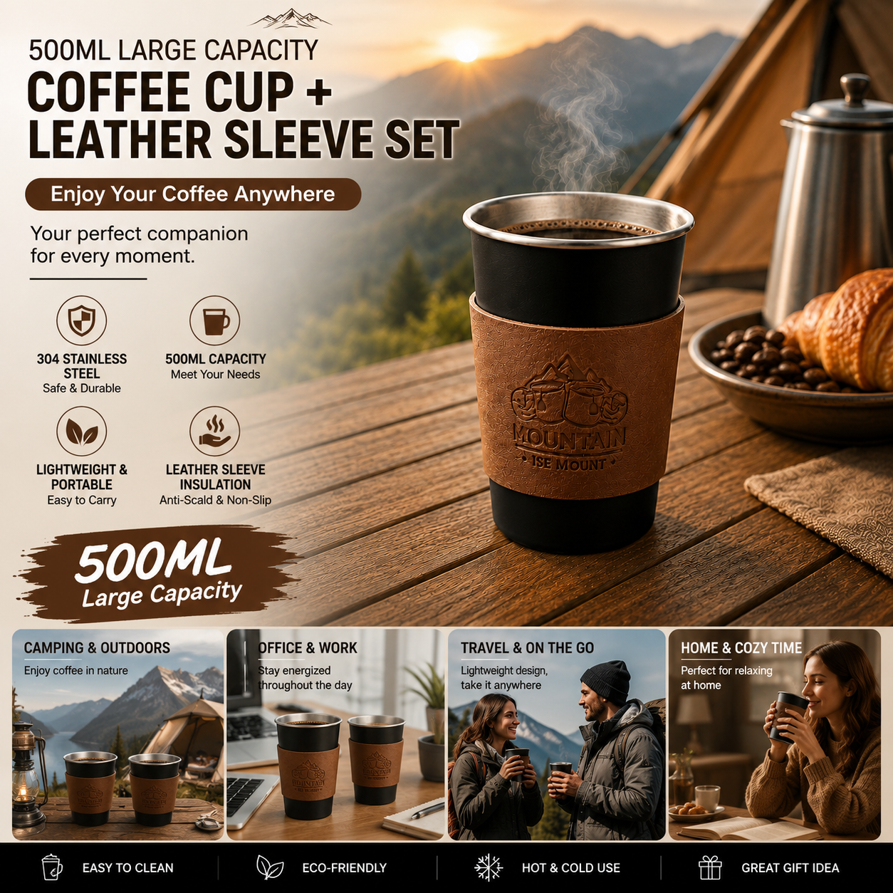 Black 304 Stainless Steel Camping Coffee Cup with Leather Sleeve – 500ml