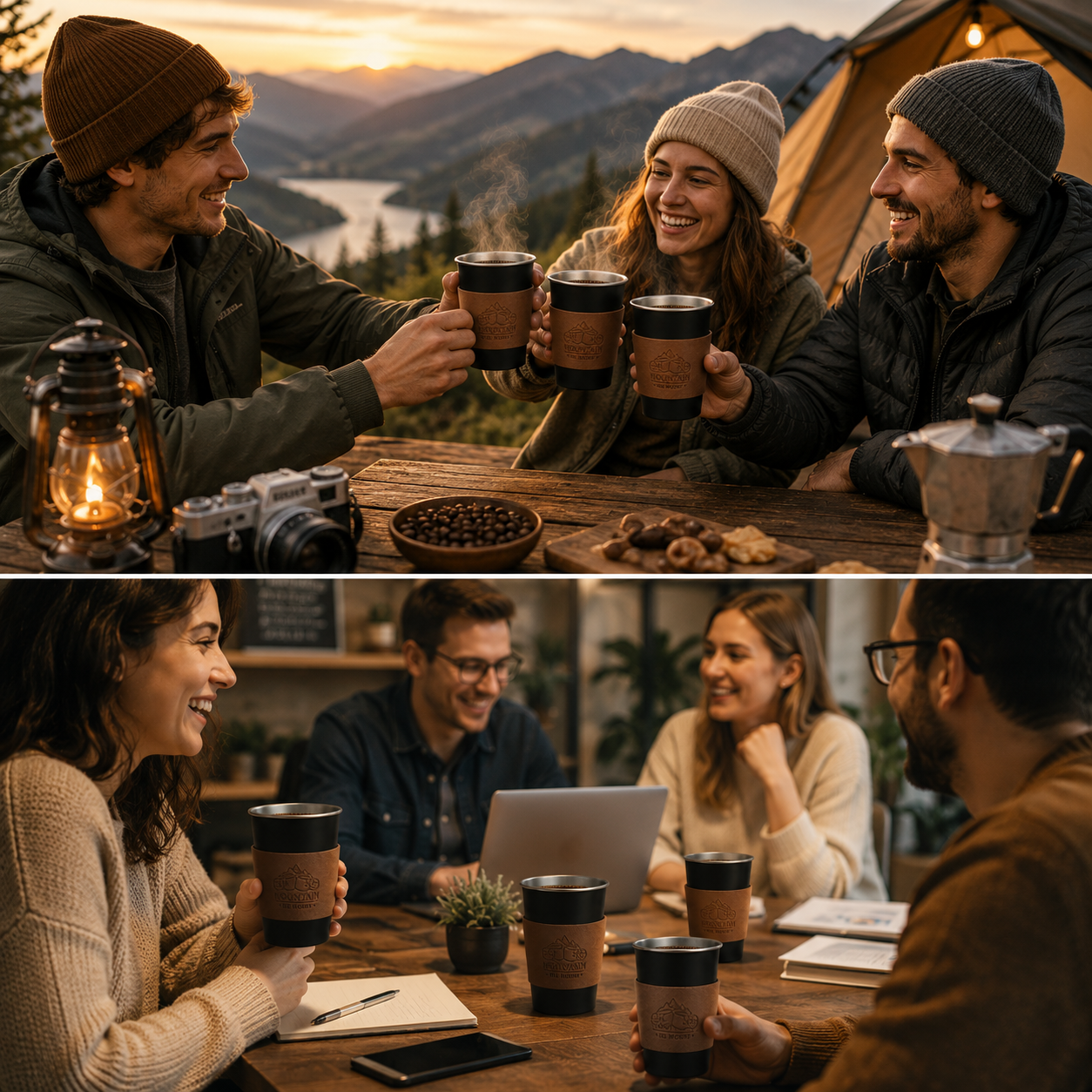 Black 304 Stainless Steel Camping Coffee Cup with Leather Sleeve – 500ml view 3