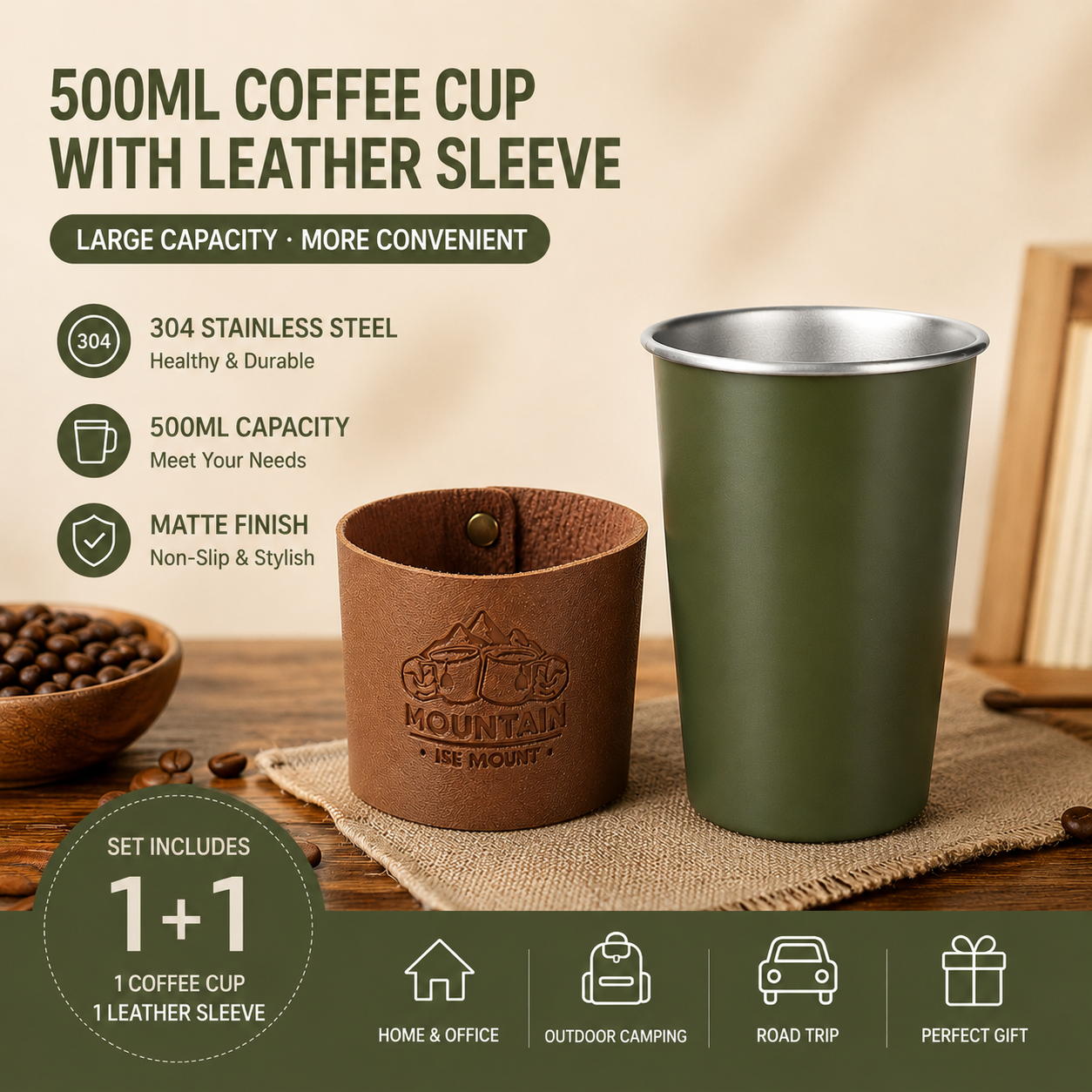 Green 304 Stainless Steel Camping Coffee Cup with Leather Sleeve – 500ml
