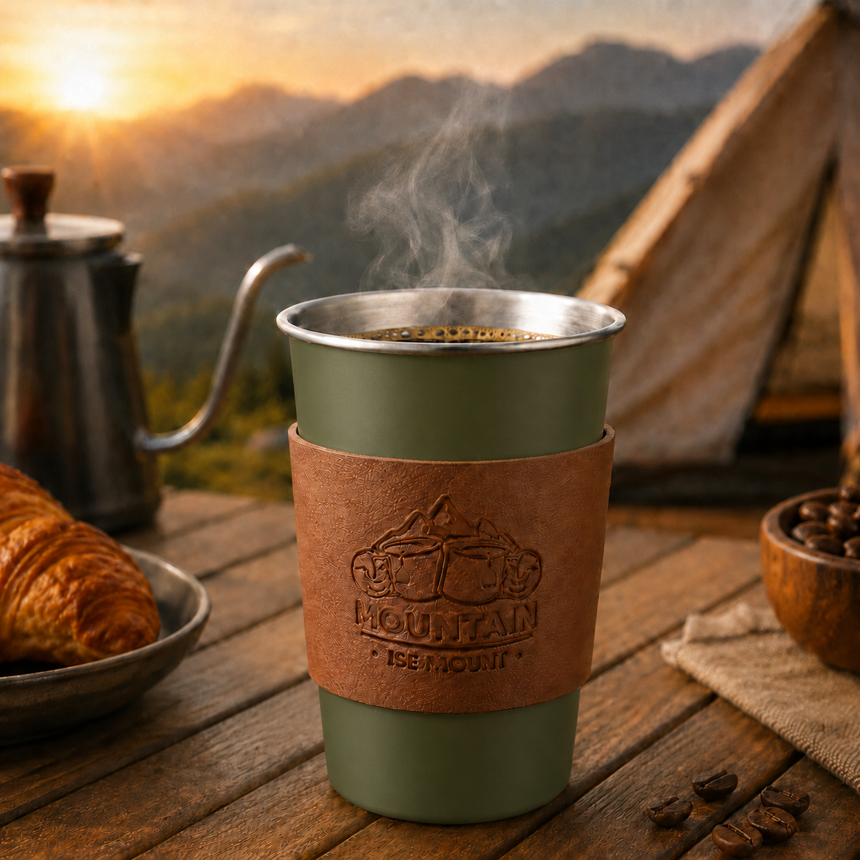 Green 304 Stainless Steel Camping Coffee Cup with Leather Sleeve – 500ml view 2