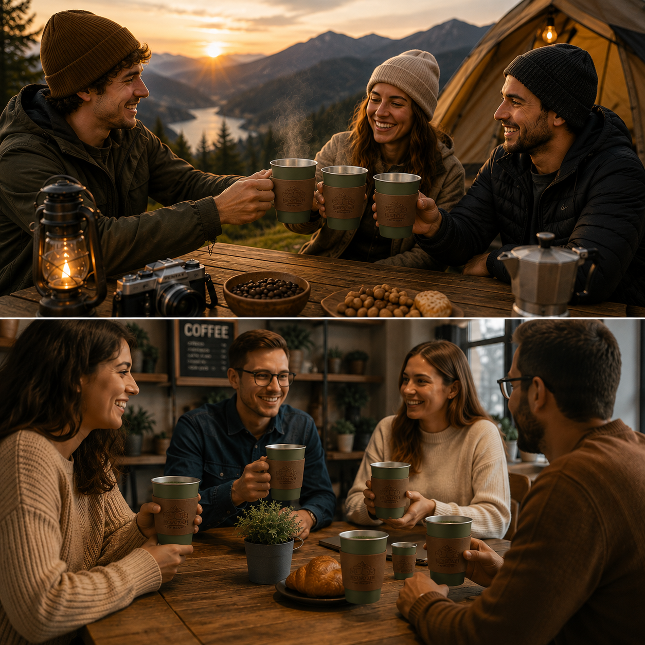 Green 304 Stainless Steel Camping Coffee Cup with Leather Sleeve – 500ml view 3