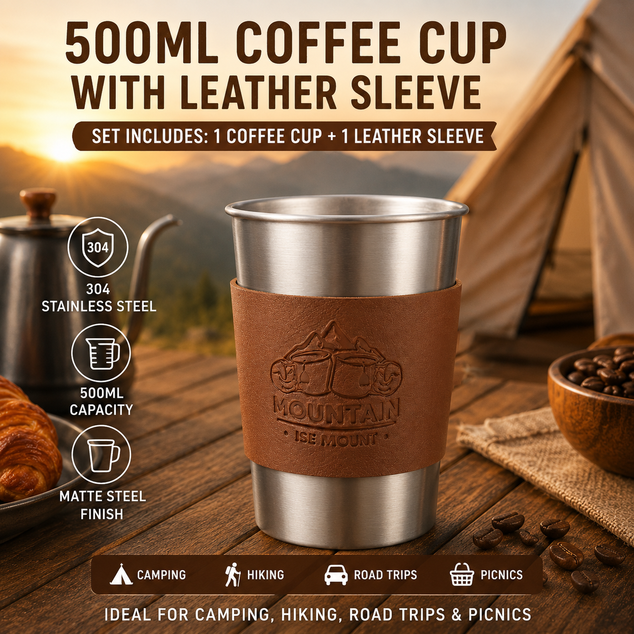 Silver 304 Stainless Steel Camping Coffee Cup with Leather Sleeve – 500ml