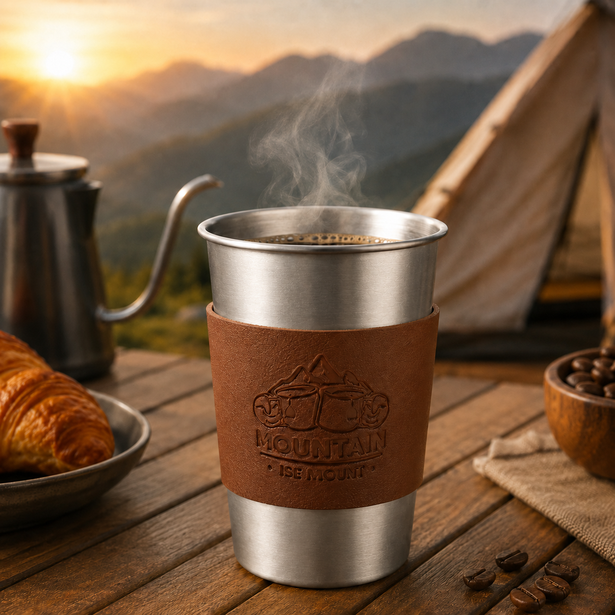 Silver 304 Stainless Steel Camping Coffee Cup with Leather Sleeve – 500ml view 2