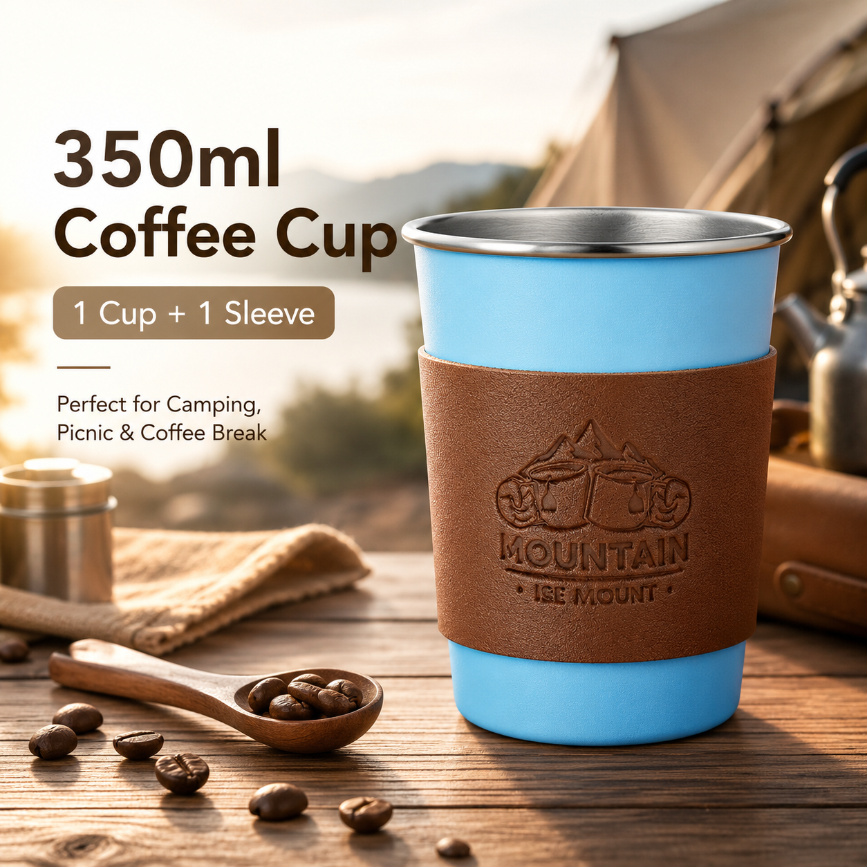 Blue 304 Stainless Steel Camping Coffee Cup with Leather Sleeve – 350ml