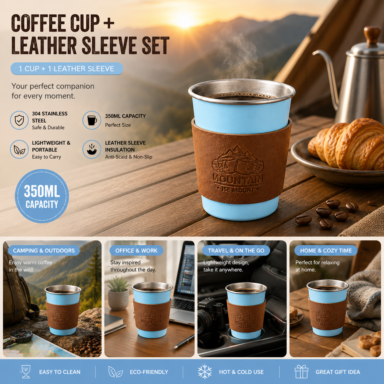 Blue 304 Stainless Steel Camping Coffee Cup with Leather Sleeve – 350ml view 2