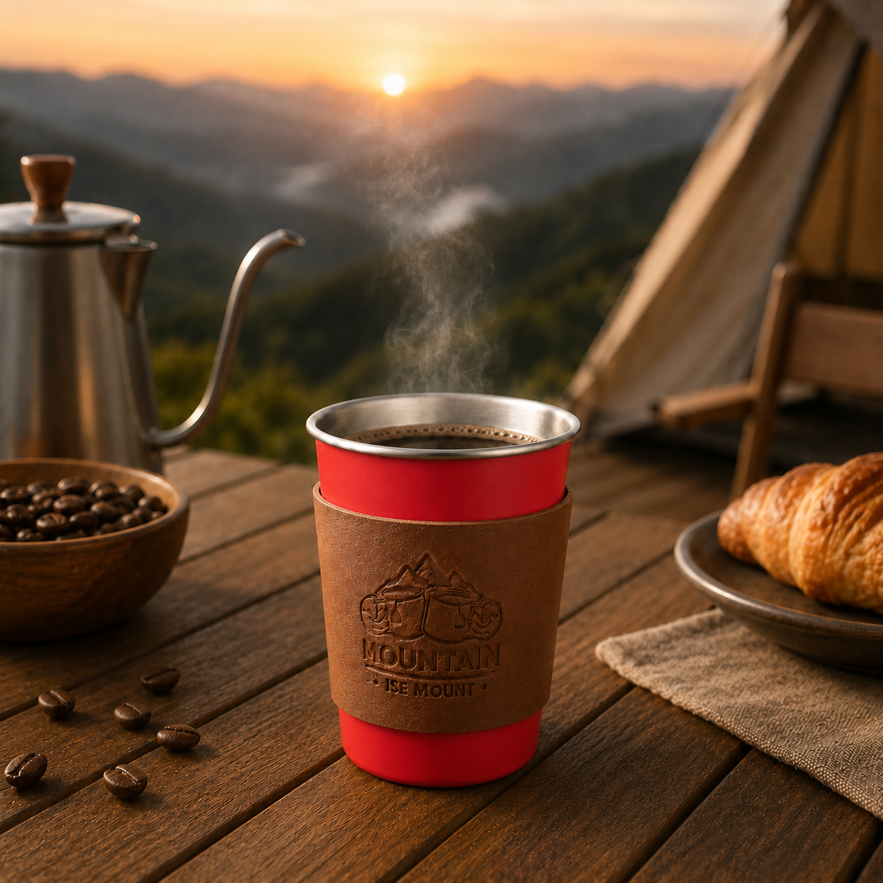 Red 304 Stainless Steel Camping Coffee Cup with Leather Sleeve – 350ml view 2