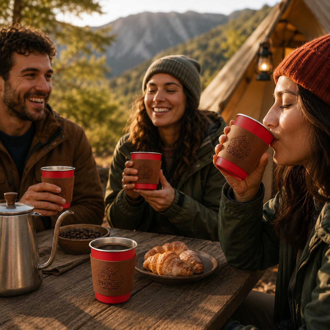 Red 304 Stainless Steel Camping Coffee Cup with Leather Sleeve – 350ml view 3