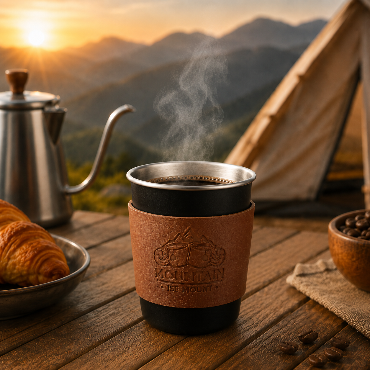 Black 304 Stainless Steel Camping Coffee Cup with Leather Sleeve – 350ml view 2