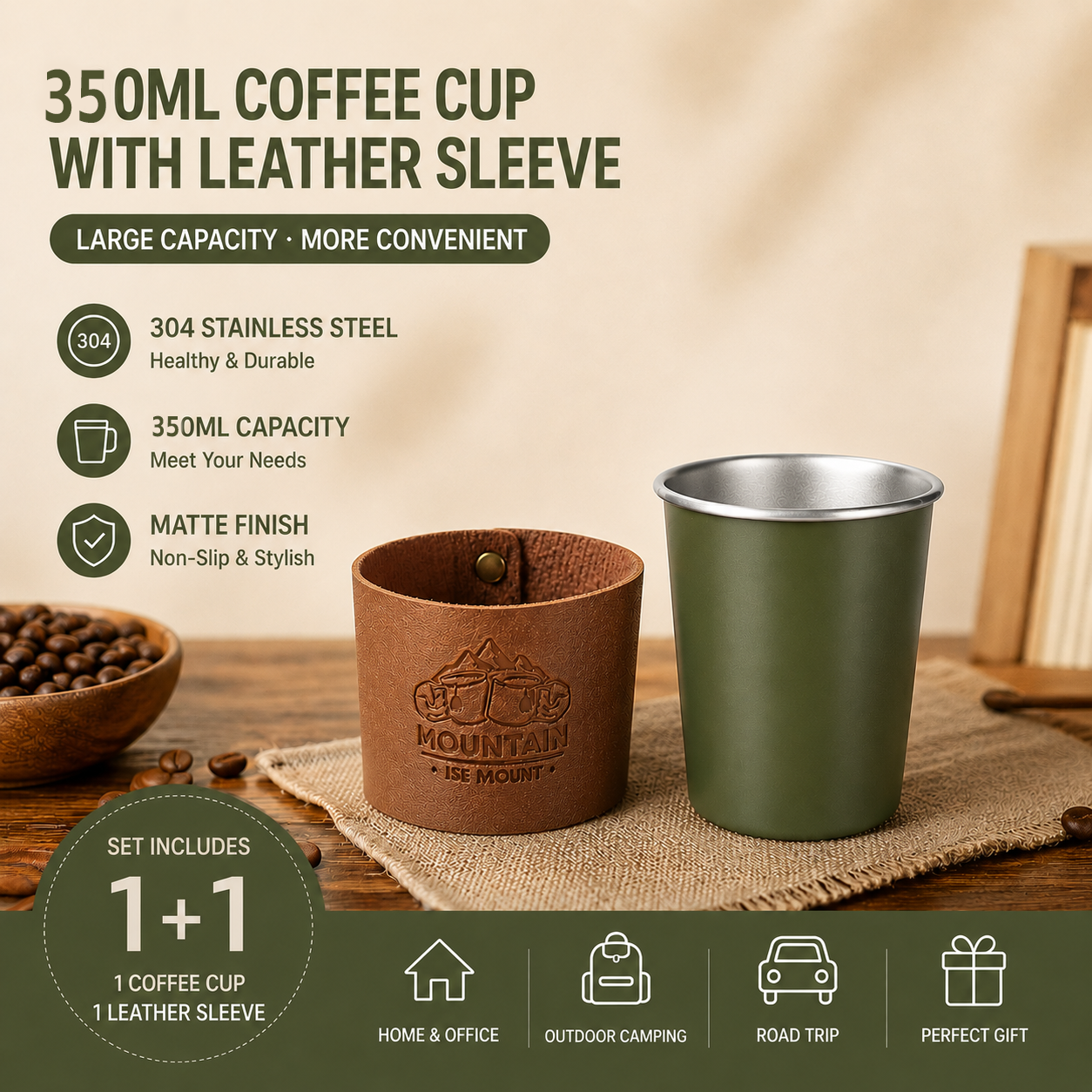 Green 304 Stainless Steel Camping Coffee Cup with Leather Sleeve – 350ml