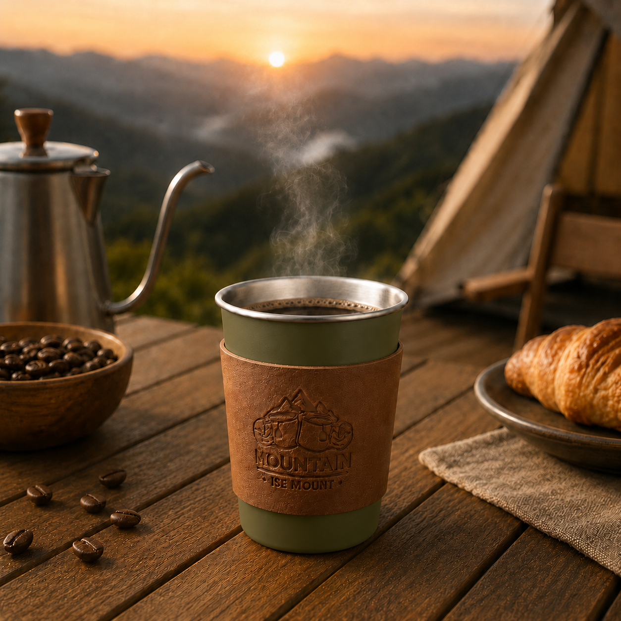 Green 304 Stainless Steel Camping Coffee Cup with Leather Sleeve – 350ml view 2