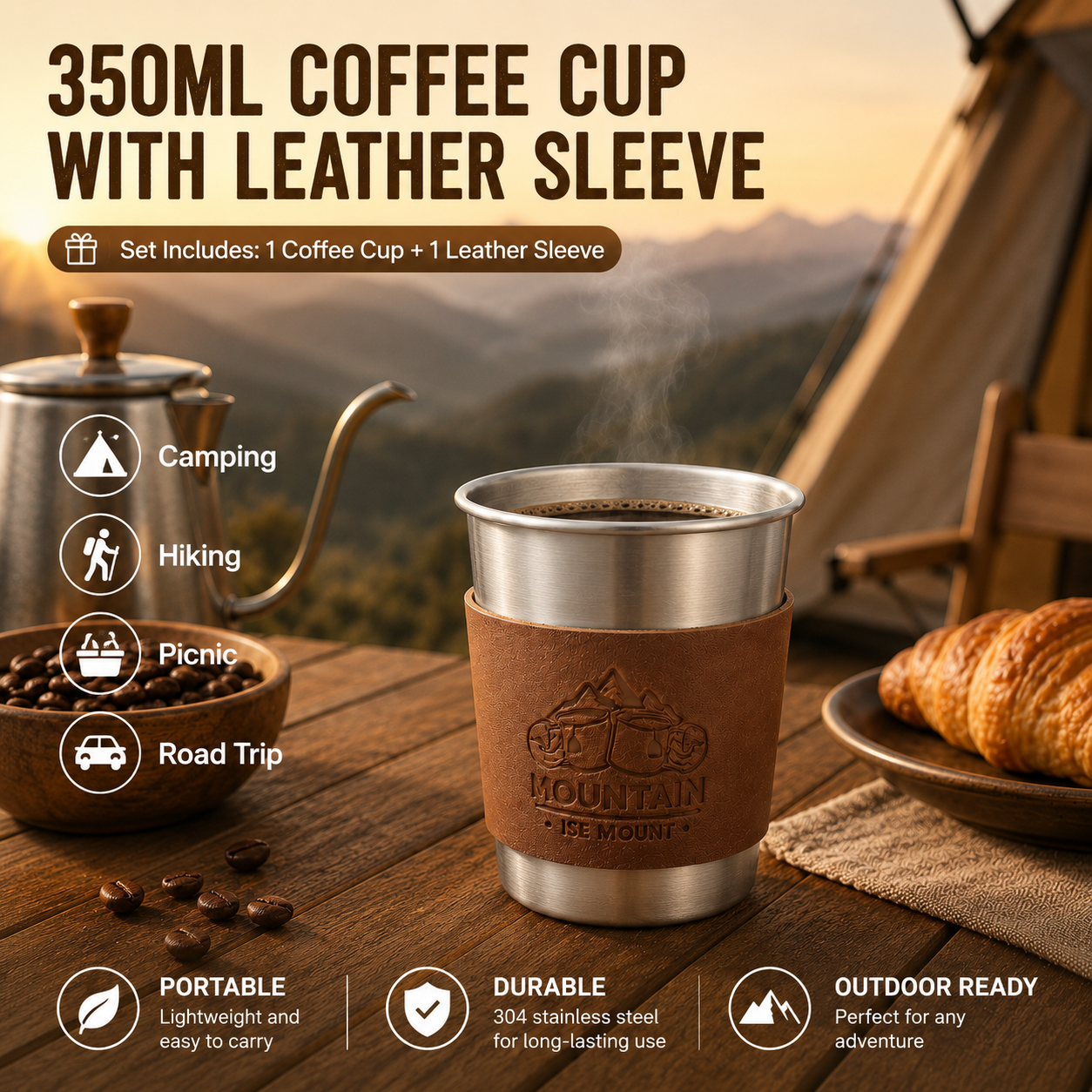Silver 304 Stainless Steel Camping Coffee Cup with Leather Sleeve – 350ml