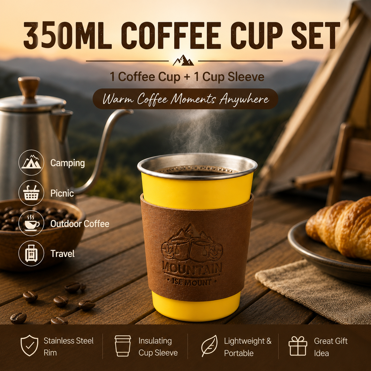 Yellow 304 Stainless Steel Camping Coffee Cup with Leather Sleeve – 350ml