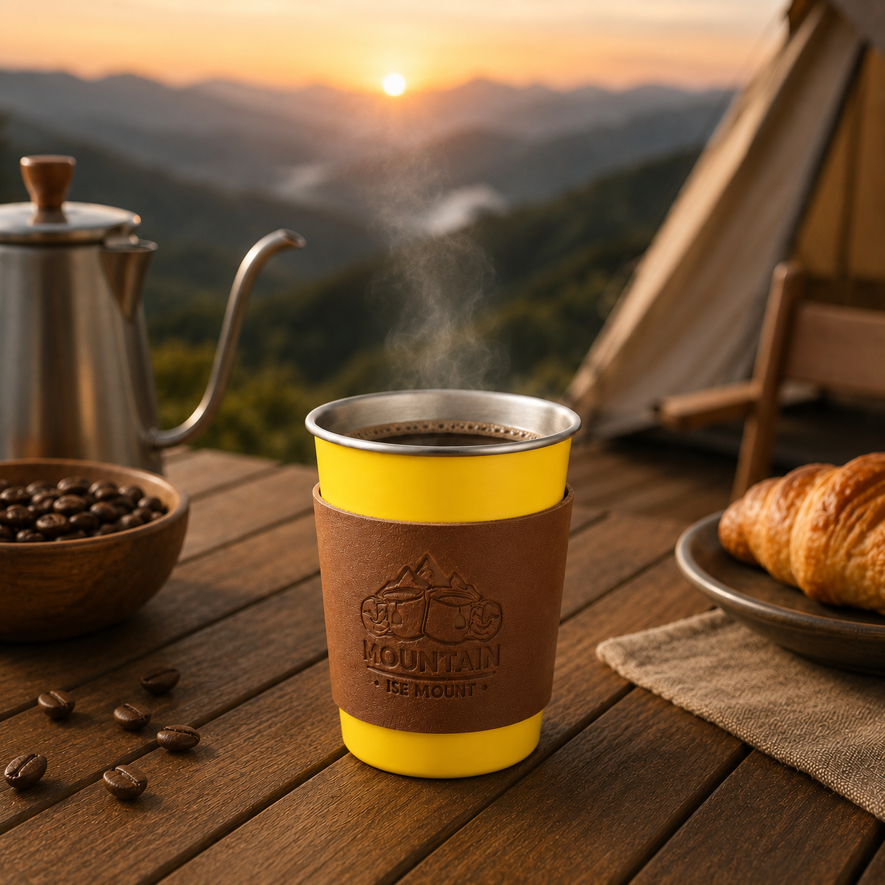 Yellow 304 Stainless Steel Camping Coffee Cup with Leather Sleeve – 350ml view 2