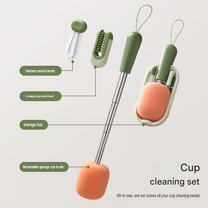 Green Portable 3-in-1 Cup Cleaning Brush Set – Extendable long-handled sponge view 2