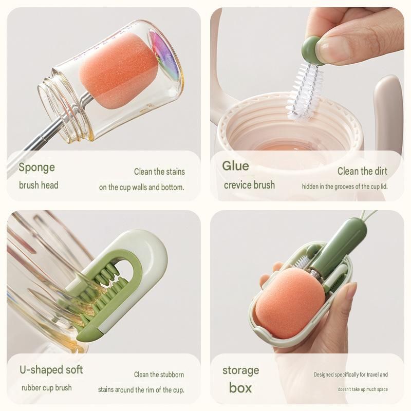 Green Portable 3-in-1 Cup Cleaning Brush Set – Extendable long-handled sponge view 3