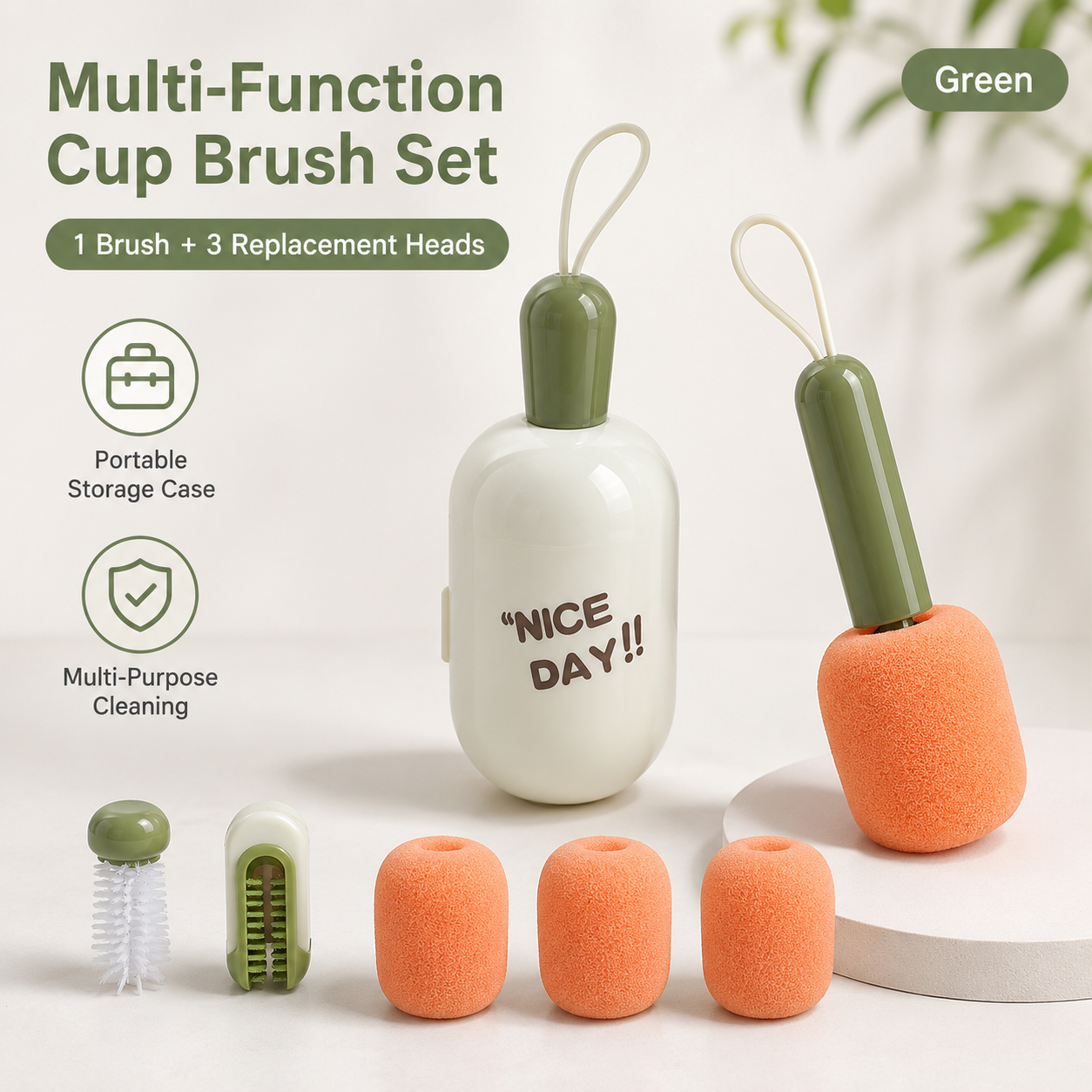 Green Portable 3-in-1 Cup Cleaning Brush Set with 3 Replacement Sponge Heads
