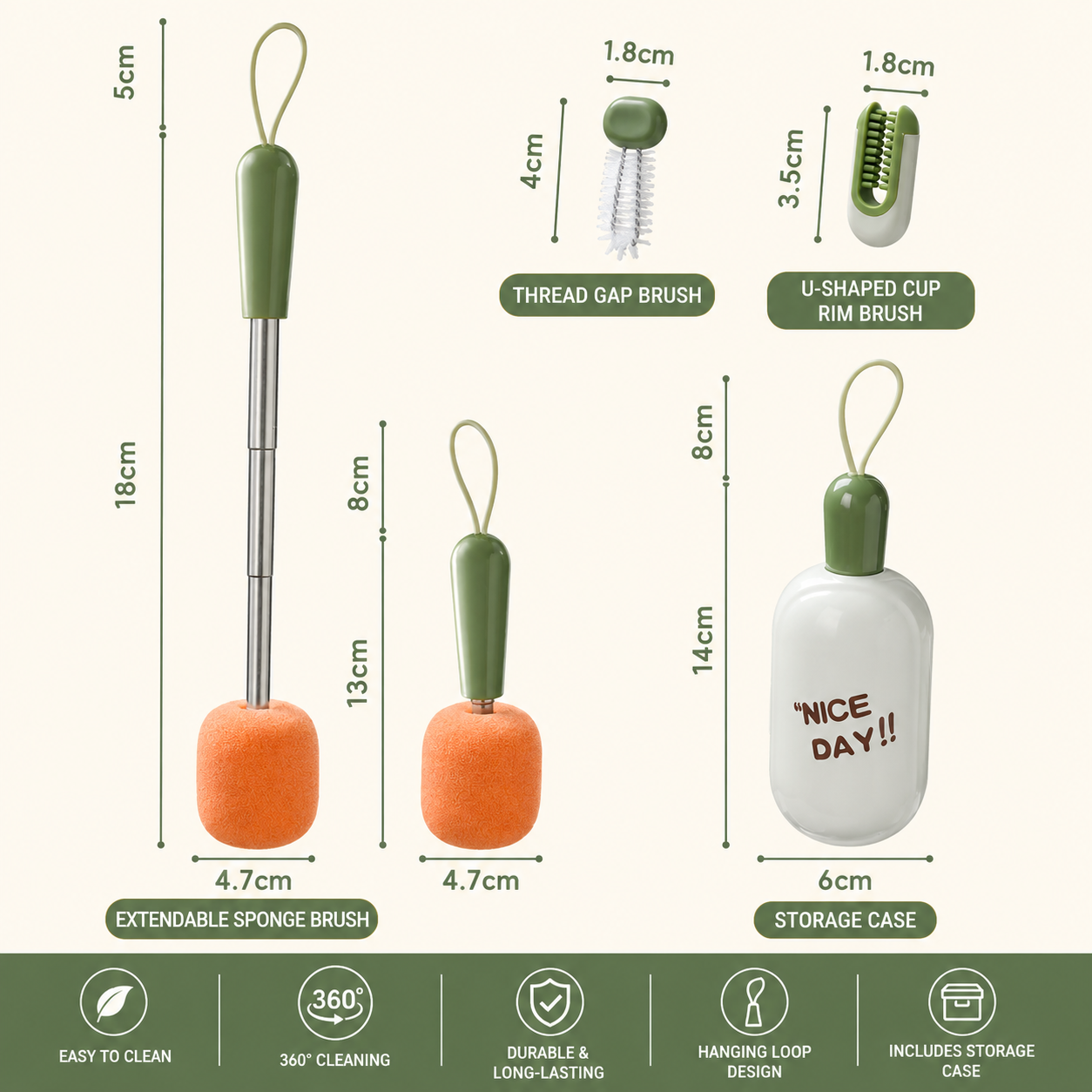 Green Portable 3-in-1 Cup Cleaning Brush Set with 3 Replacement Sponge Heads view 5