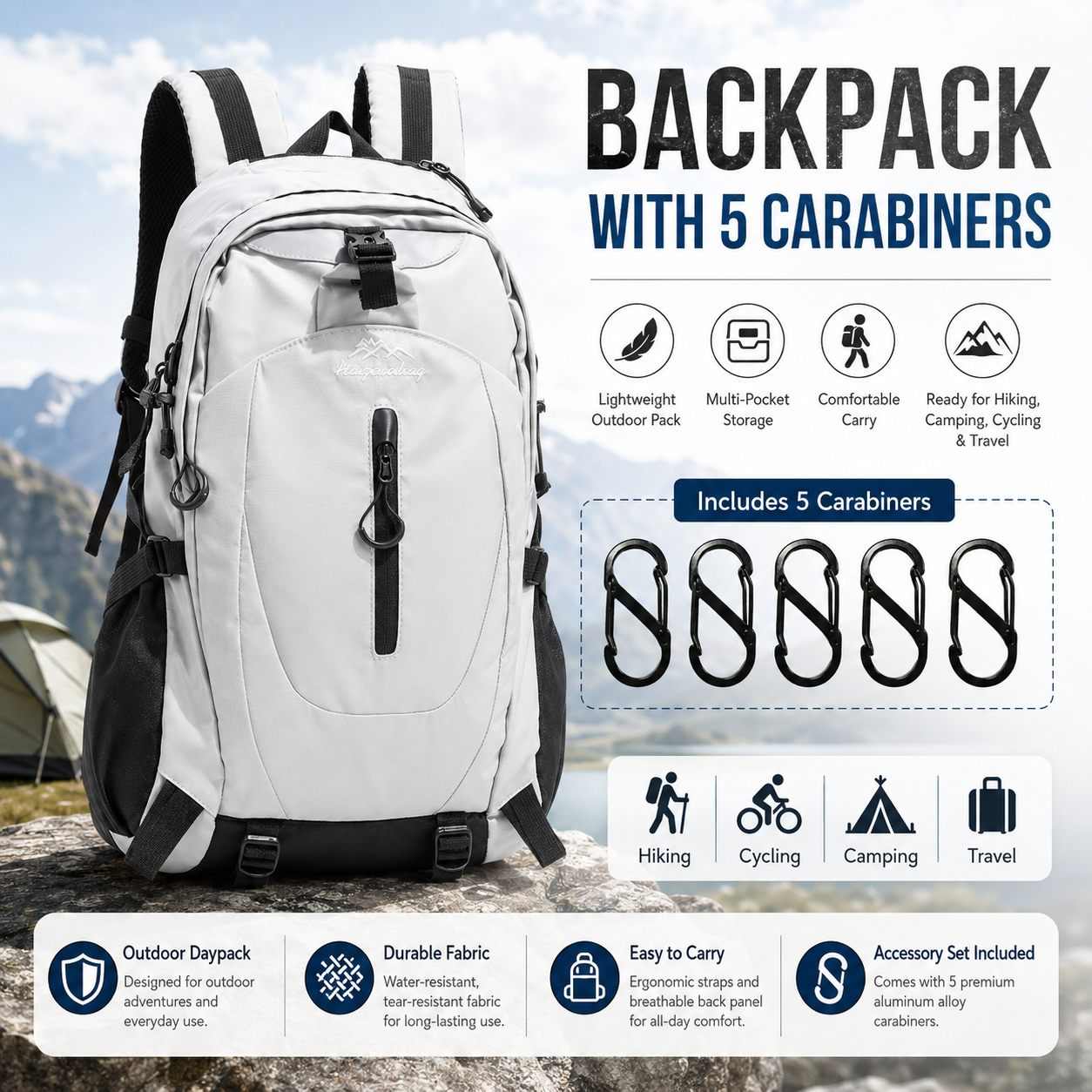 Gray Hiking Backpack with 5 Carabiners Included – Lightweight Waterproof