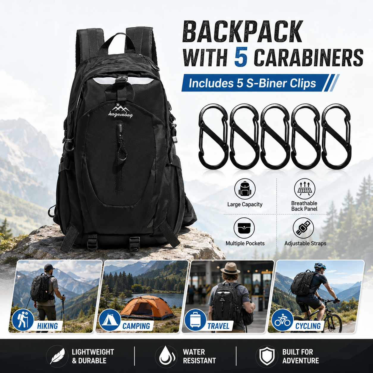Black Hiking Backpack with 5 Carabiners Included – Lightweight Waterproof