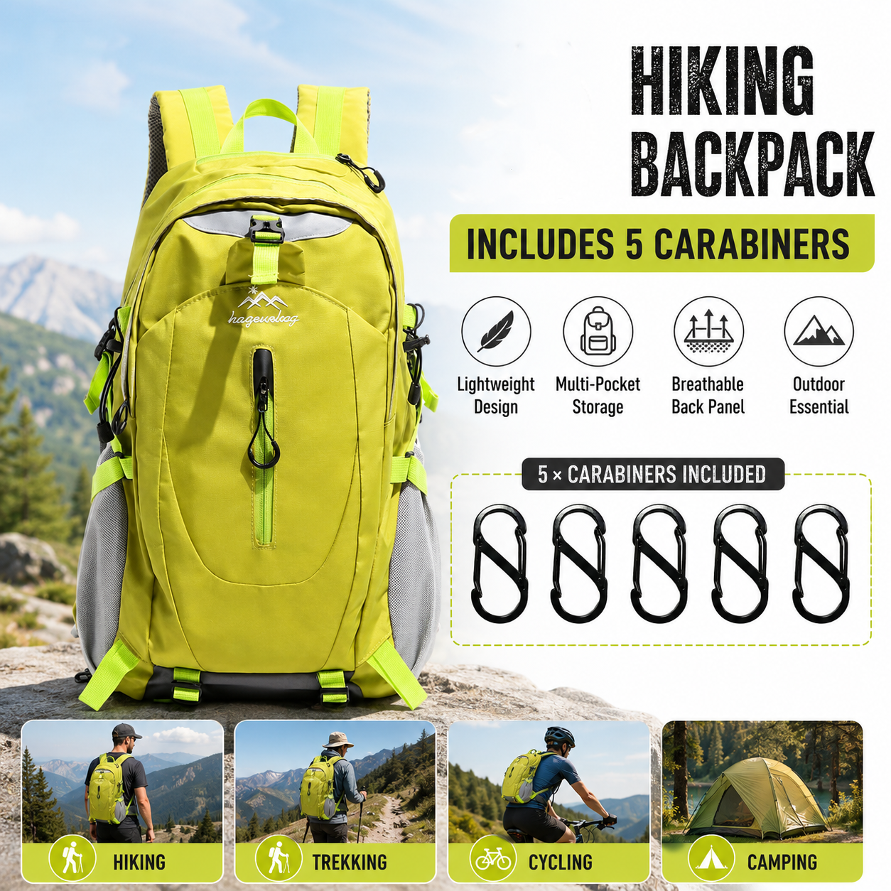 Fluorescent Green Hiking Backpack with 5 Carabiners Included – Lightweight